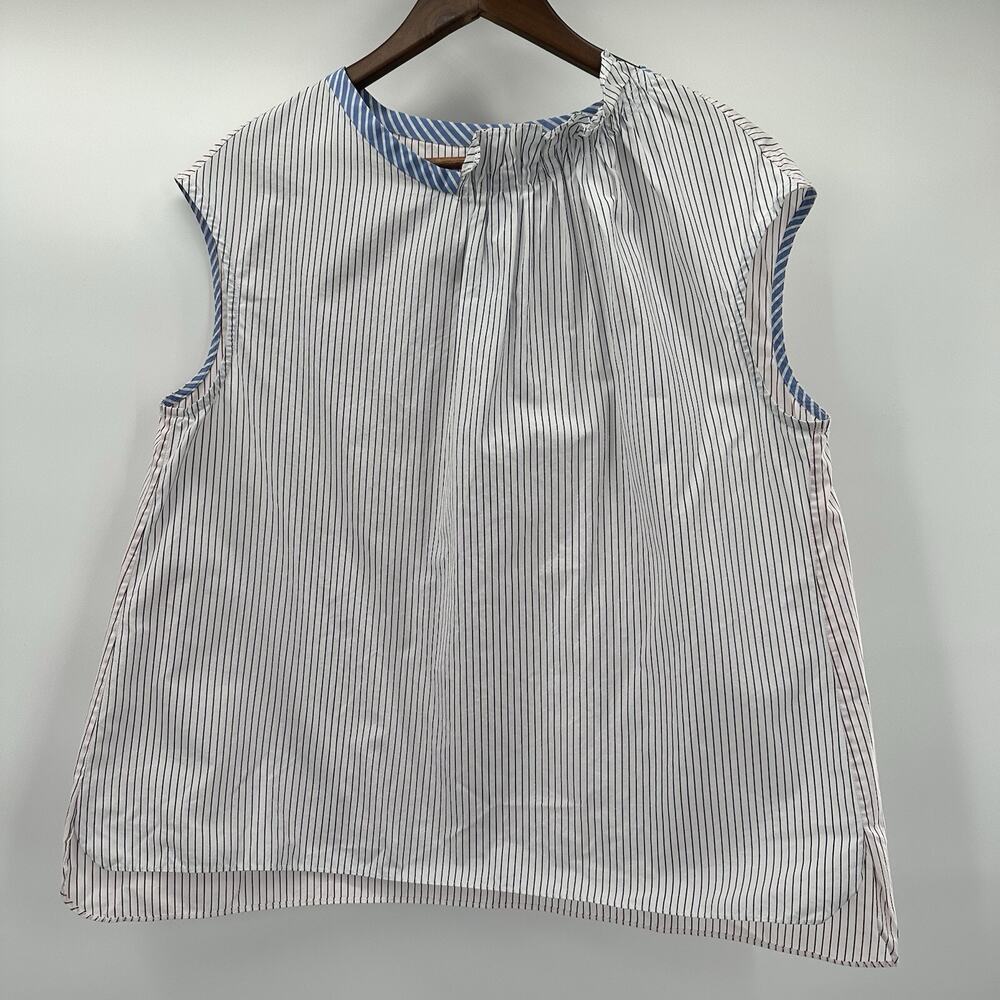 Teija Blouse Womens‎ 14 White Red Blue Mixed Stripe Round neck Ruffle Preppy